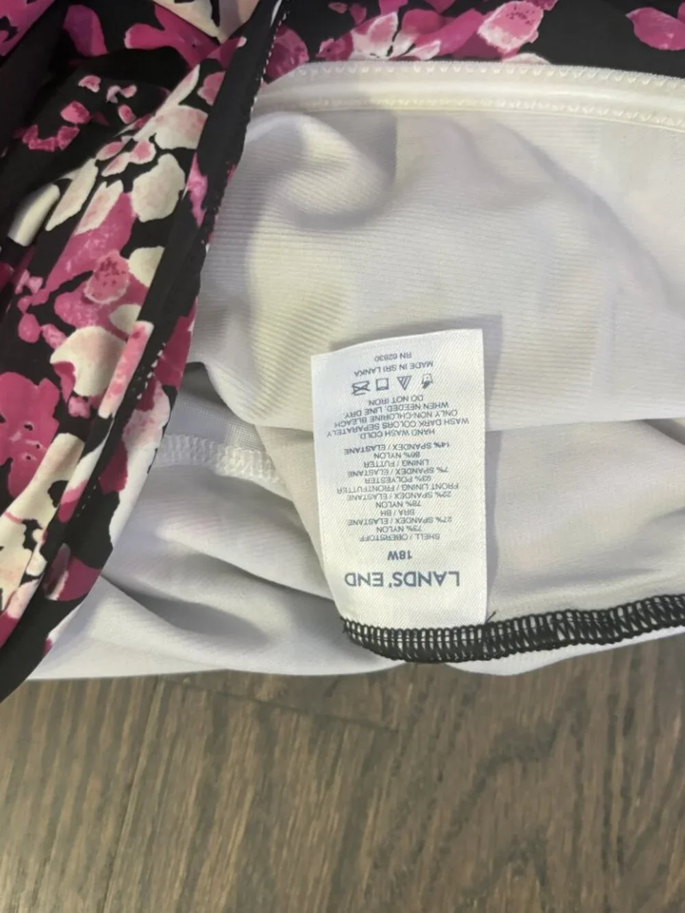 Lands' End Ruched Tankini Swim Top Black Pink Floral 18W